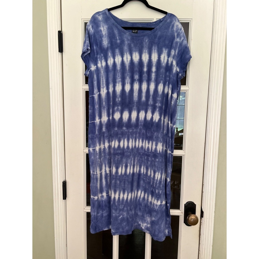 Gap Short Sleeve Midi Dress Tie Dye Cloudy Blue Purple White Cotton Modal Sz XXL